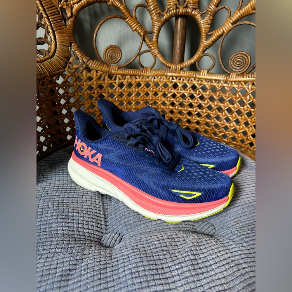 Hoka Clifton 9 - women’s size 9B - evening sky and coral running shoes